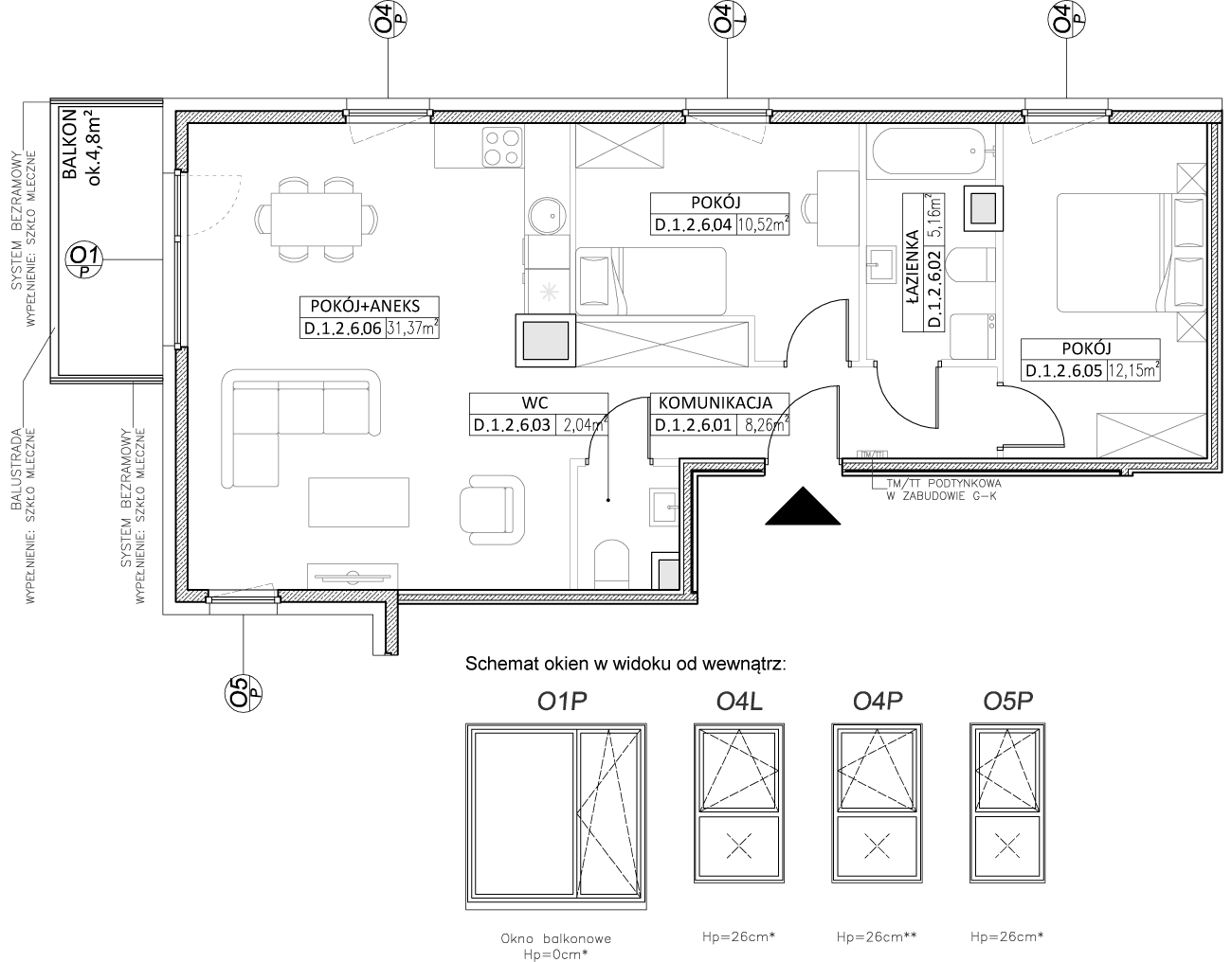 D.1.2.6 na sprzedaż nowe mieszkanie 3 pokoje, 1 piętro, 69.31 m² .